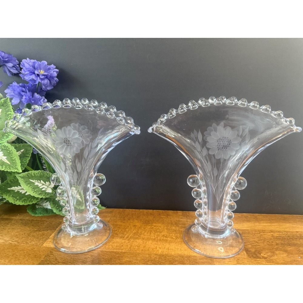 Vintage Pair Etched Cornflower Fan Vases‎ W.J. Hughes Clear Glass Bubble Beaded